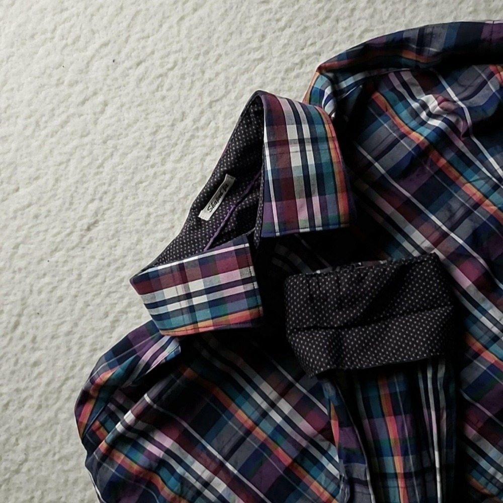 Bugatchi Shirt Mens XS Blue Plaid Long Sleeve Slim Fit Button-Up Contrast Trim